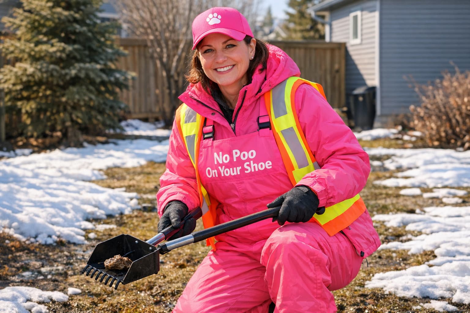 Woman in full neon pink branded gear doing a spring melt cleanup for No Poo On Your Shoe in Okotoks Alberta