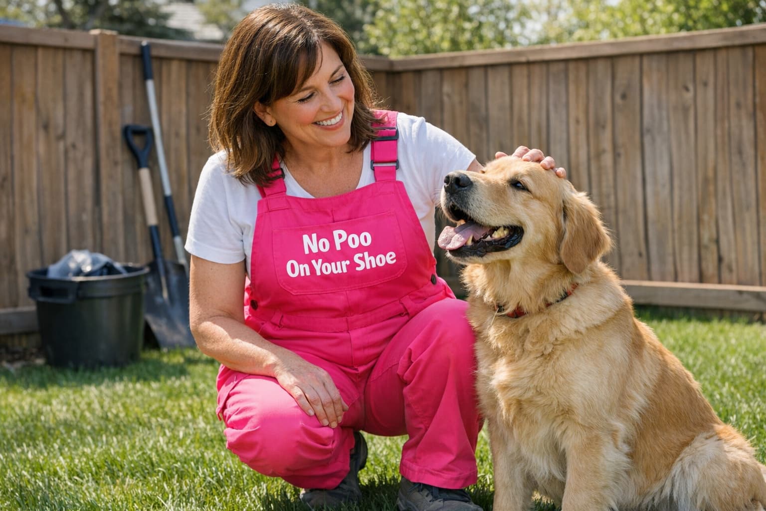 Woman in pink No Poo On Your Shoe branded overalls petting a happy dog after yard cleanup in Okotoks Alberta
