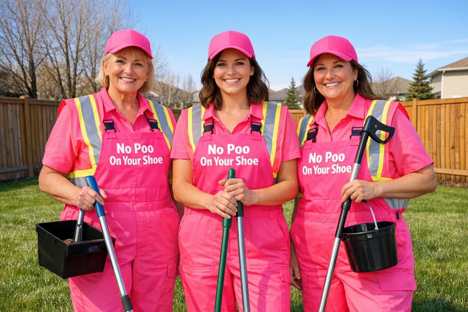 Team of women in matching neon pink No Poo On Your Shoe branded overalls and safety vests in a clean Okotoks backyard