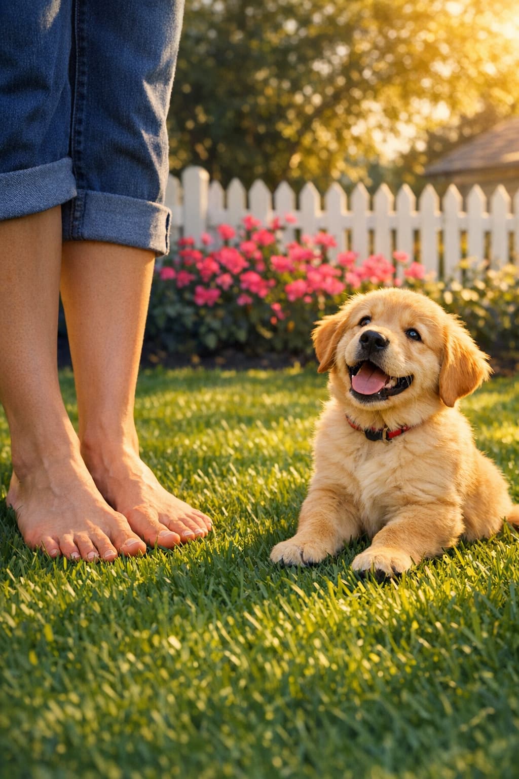 A happy dog sitting on a pristine green lawn with bare feet standing nearby, spring sunshine, Okotoks Alberta backyard