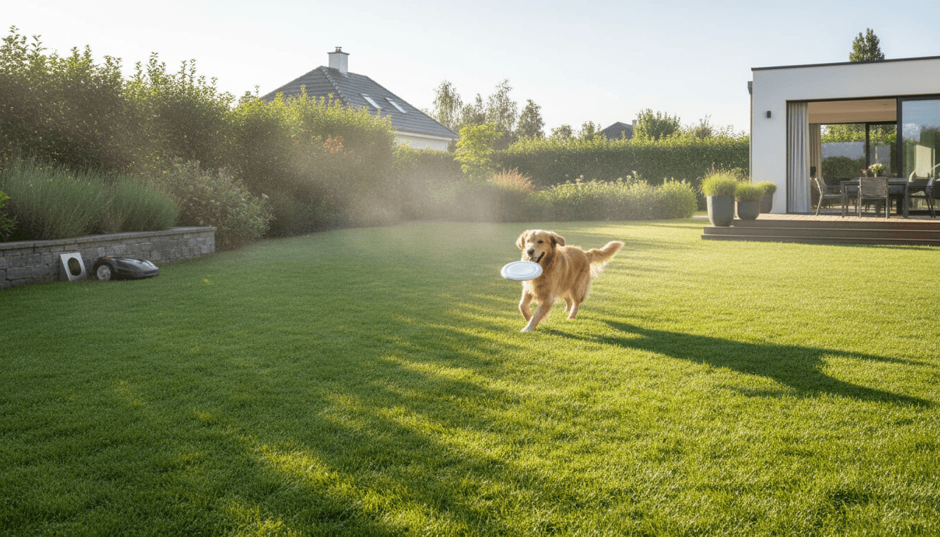 Clean yard with dog playing in background, natural lighting and serene atmosphere.
